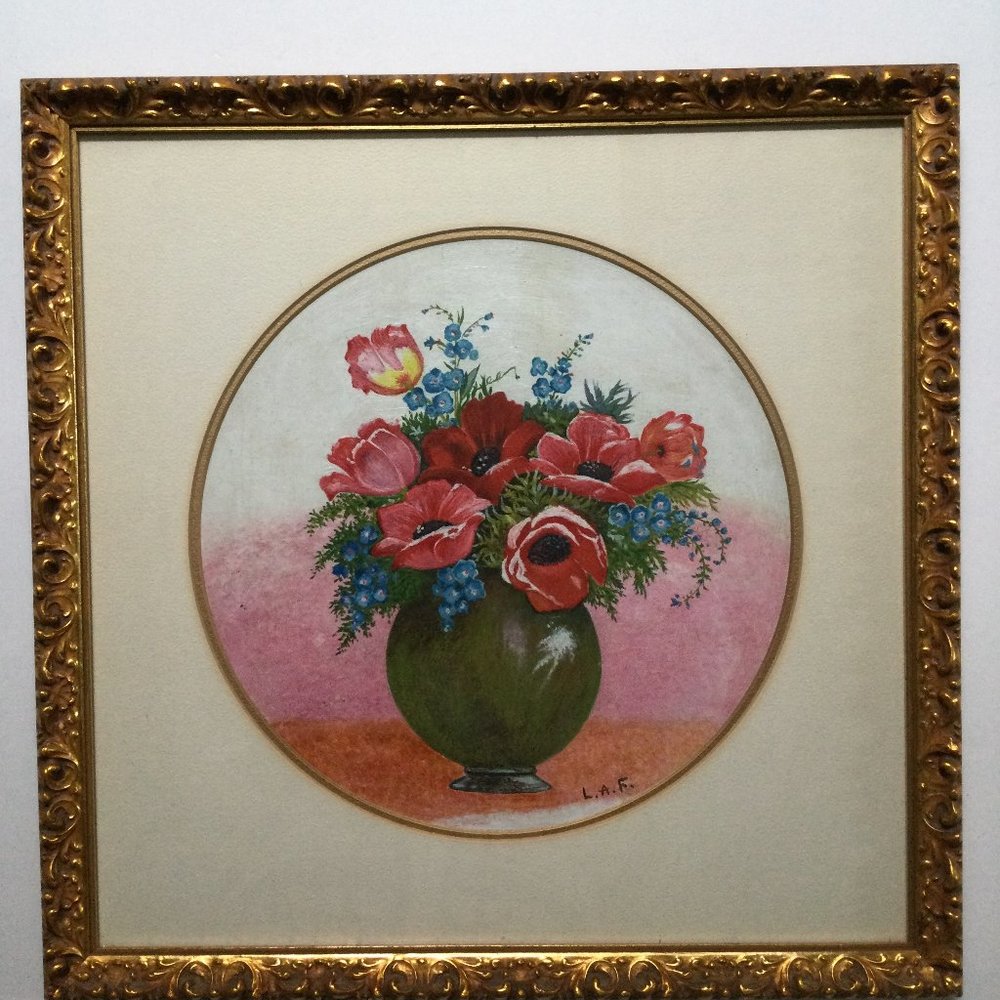 1969 Original painting still life vase and flowers beautiful frame artist L.A.F